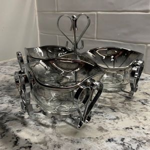 MCM Trio of Silver Ombre' Glass Dishes Silver Metal Caddy/Dorothy Thorpe Style